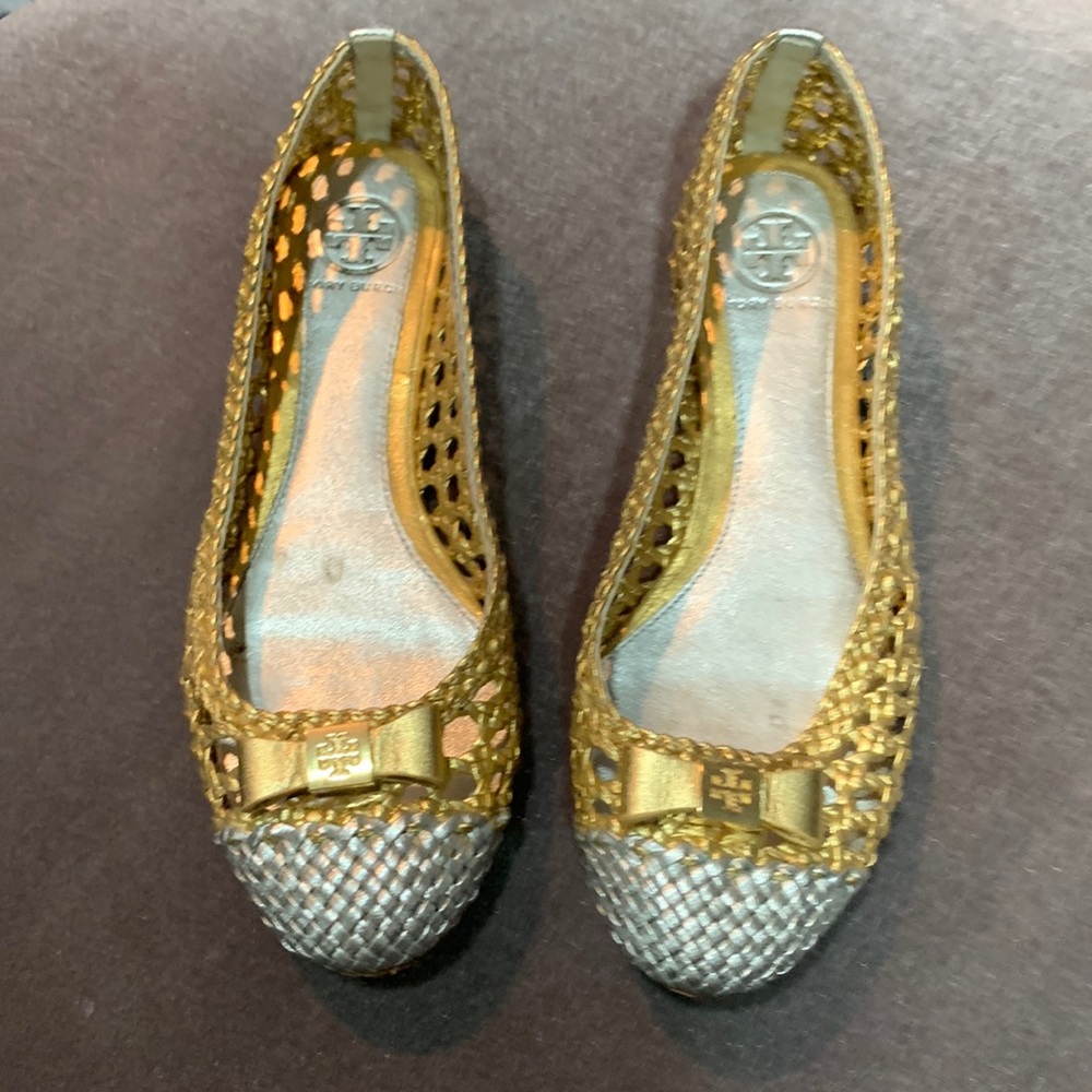 Tory Burch woven leather gold and silver